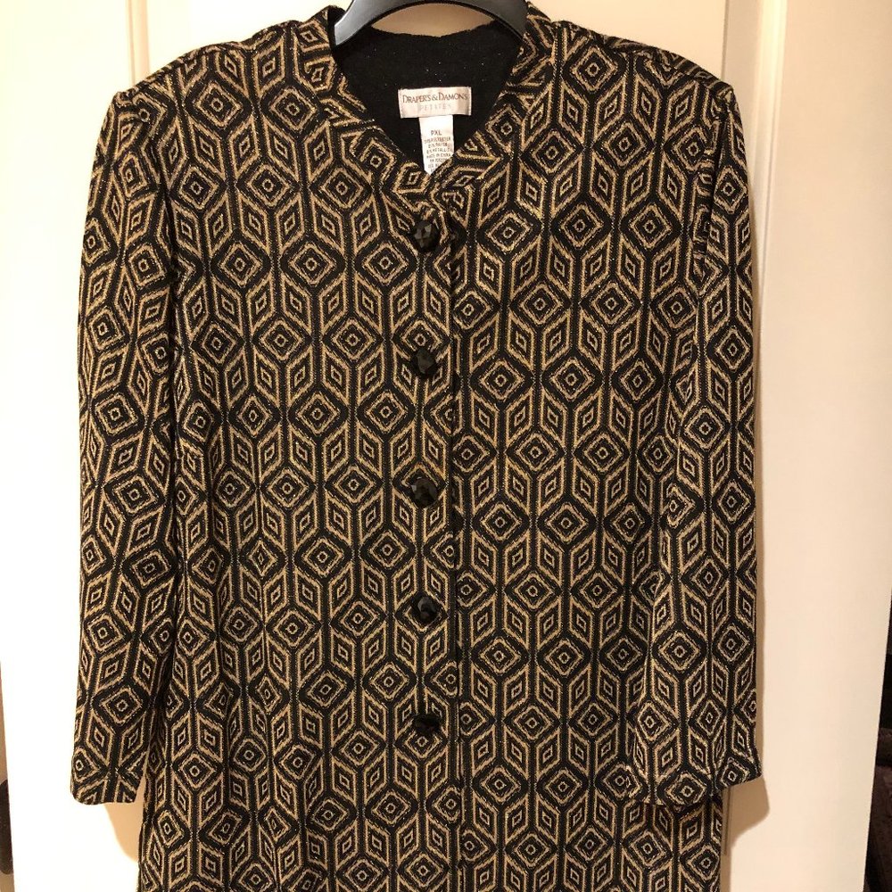 Knit Jacket/Top, Black woven with gold metallic geometric pattern